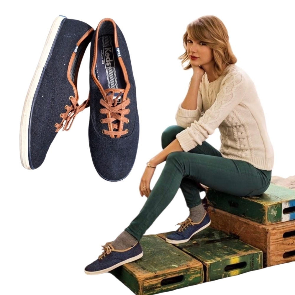 Keds Champion Canvas Shoes Size 9.5 Navy Blue Tan Wool Blend Low Top Sneakers